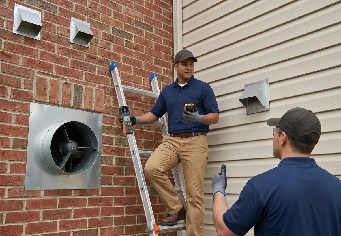 technician measuring airflow in dryer vent system